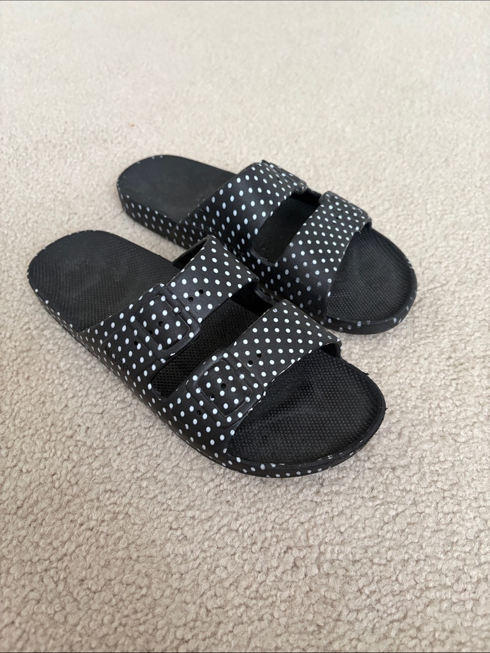 Women’s Black Polka Dot Double-Strap Slide Sandals